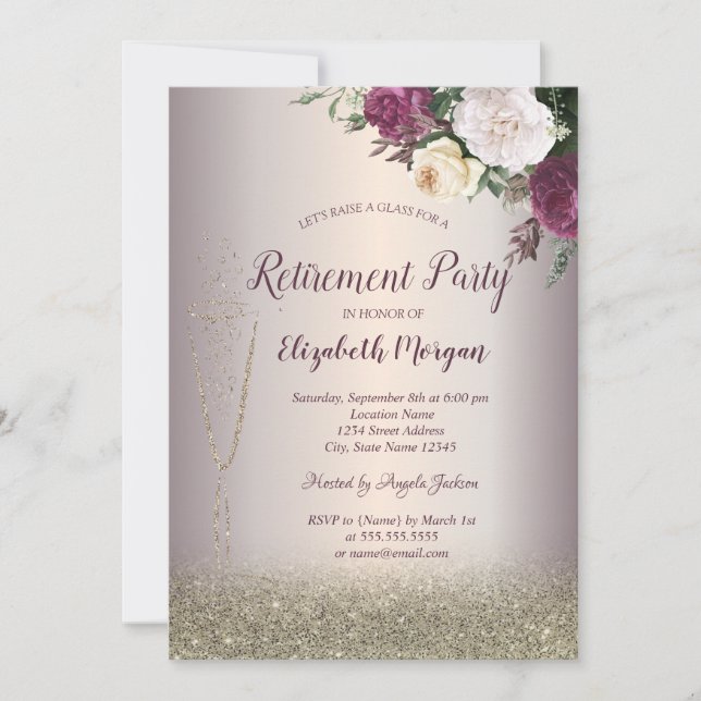 Invitación Copo de vino dorado Bokeh floral jubilación  (Anverso)