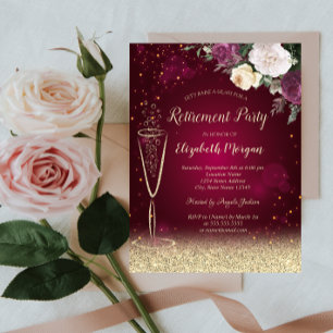 Invitación Copo de vino dorado bokeh floral rojo jubilación