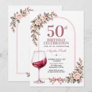 Invitación Copo de vino floral boho rubor rosa cumpleaños 50
