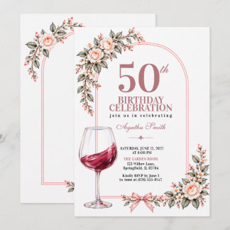 Invitación Copo de vino floral boho rubor rosa cumpleaños 50