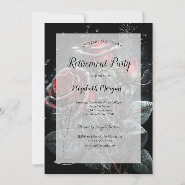 Invitación Copo de vino rosas oscuras gotas jubilación (Anverso)