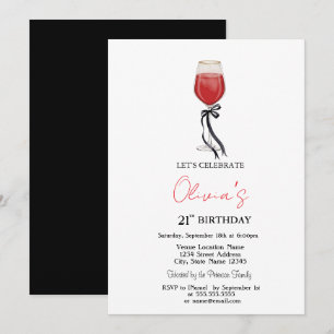 Invitación Copo de Vino Simple con Lazo Negro Cumpleaños 21