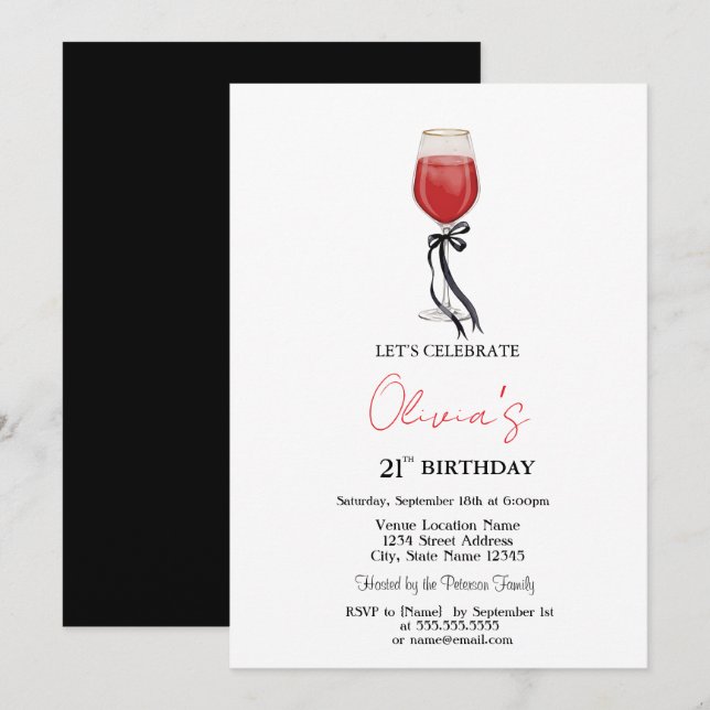 Invitación Copo de Vino Simple con Lazo Negro Cumpleaños 21 (Anverso / Reverso)