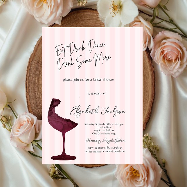 Invitación Copo de vino tinto chic con rayas rosadas  (Subido por el creador)