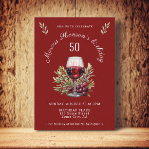 Invitación Copo de Vino Tinto Olivo Acuarela 50 Cumpleaños