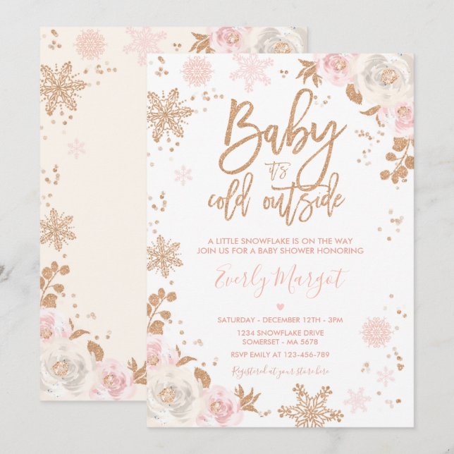 Invitación Copo Rosa De Oro Y De Invierno Rosa Baby Shower (Anverso / Reverso)