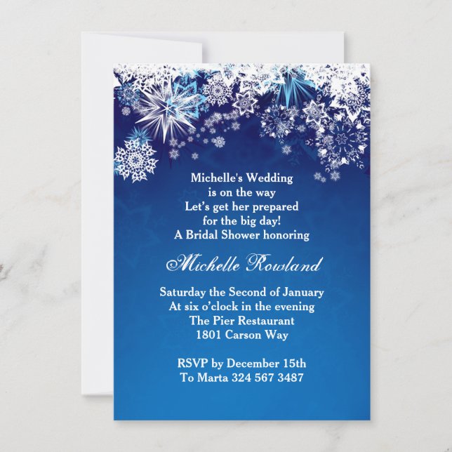 Invitación Copos blancos de nieve en invierno azul Ducha nupc (Anverso)
