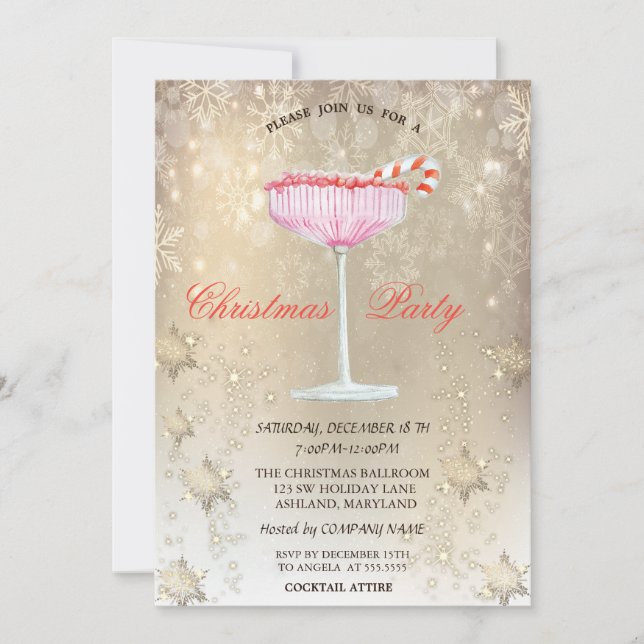 Invitación Copos de Navidad Cóctel de Navidad Dorado  (Anverso)