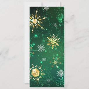 Invitación Copos de Navidad dorados sobre fondo verde