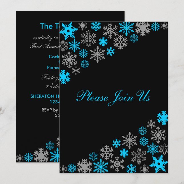 Invitación Copos de nieve azul plateado (Anverso / Reverso)