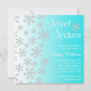 Invitación Copos de nieve azul turquesa elegantes Dulces 16 i
