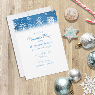 Invitación Copos de Nieve Azules Clásico Blanco Navidad Fiest