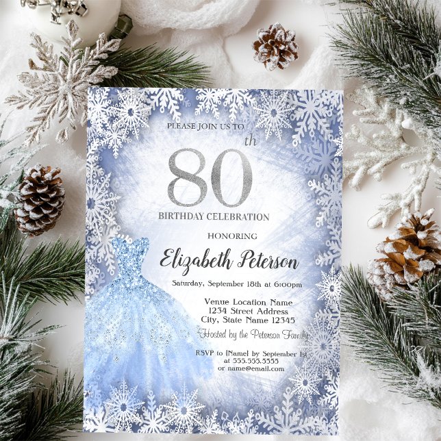 Invitación Copos de nieve azules de invierno Cumpleaños 80 (Subido por el creador)