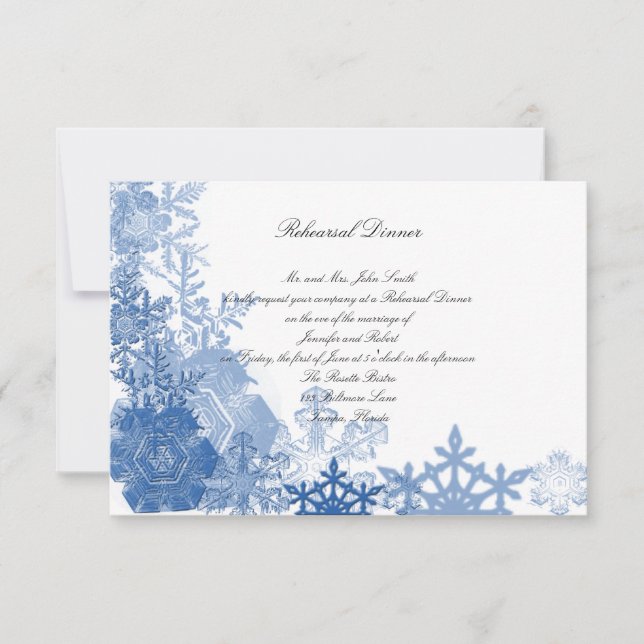 Invitación Copos de nieve azules en la cena blanca del ensayo (Anverso)