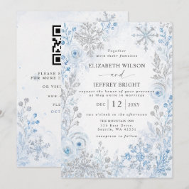 Invitación Copos de Nieve Azules Plateados Boda Código QR de 