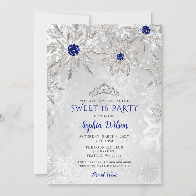Invitación Copos de nieve azules reales Tiara Sweet 16 (Anverso)