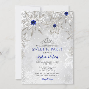 Invitación Copos de nieve azules reales Tiara Sweet 16