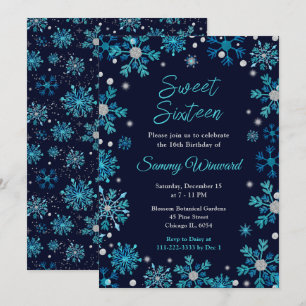 Invitación Copos de Nieve Azules y Plateados Sweet Sixteen