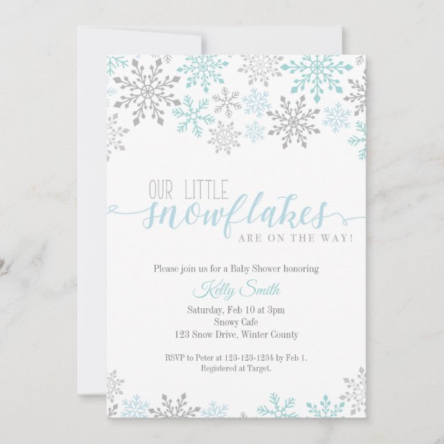 Invitación Copos de nieve Baby Shower, niños gemelos, inviern (Anverso)