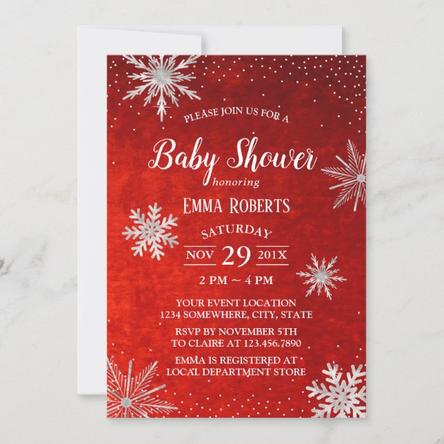 Invitación Copos de nieve Baby Shower Silver Elegante Rojo (Anverso)