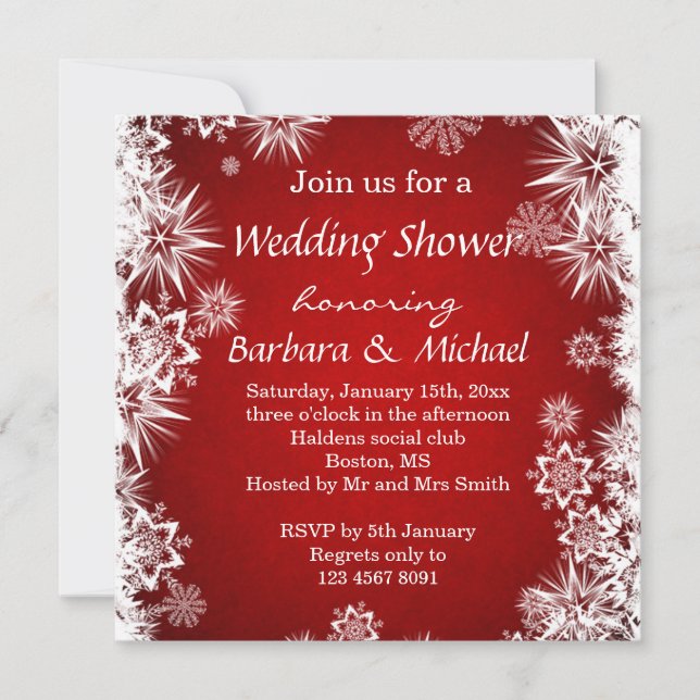 Invitación Copos de nieve blancos en ducha roja de la boda (Anverso)