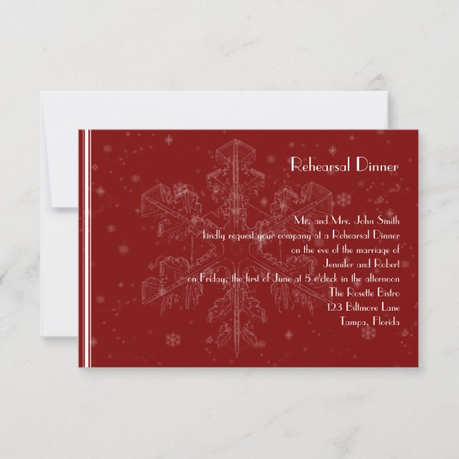 Invitación Copos de nieve blancos en ensayo de Boda de cereza (Anverso)