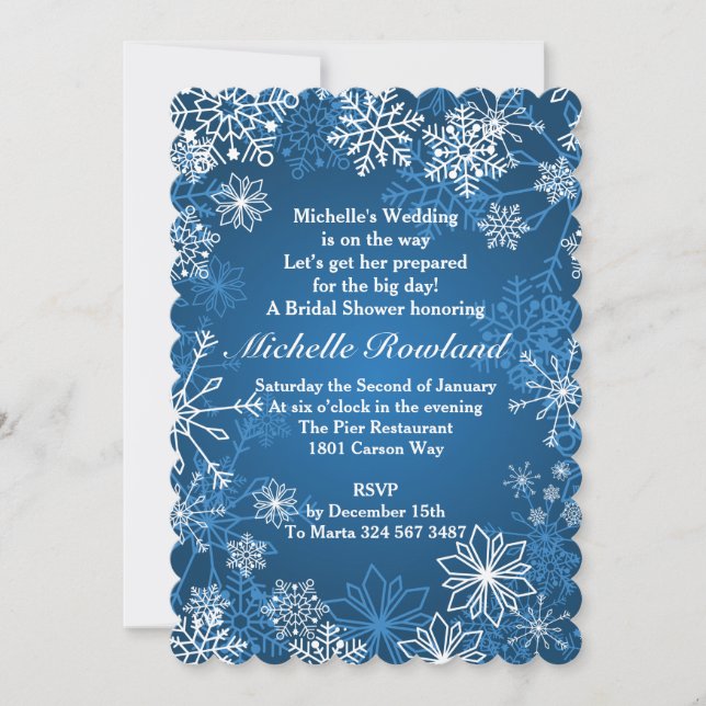 Invitación Copos de nieve blancos en Navidades azules ducha d (Anverso)