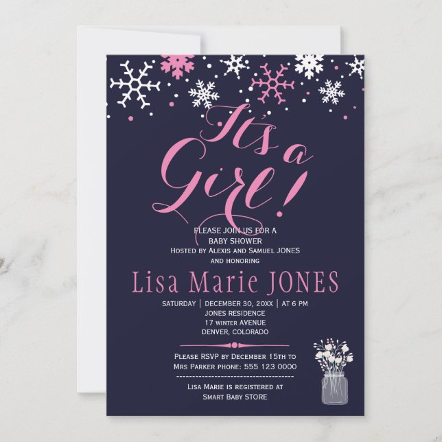 Invitación Copos de nieve blancos rosados chica azul marino d (Anverso)