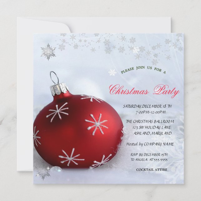 Invitación Copos de Nieve Bola Roja Chic Fiesta de Navidad de (Anverso)