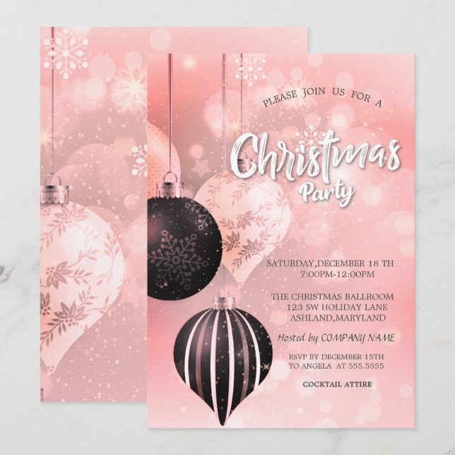 Invitación Copos de nieve, Bolas Empresa de Navidad Roja (Anverso / Reverso)