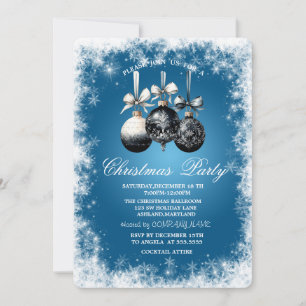 Invitación Copos de nieve, bolas, Fiesta de Navidades azules