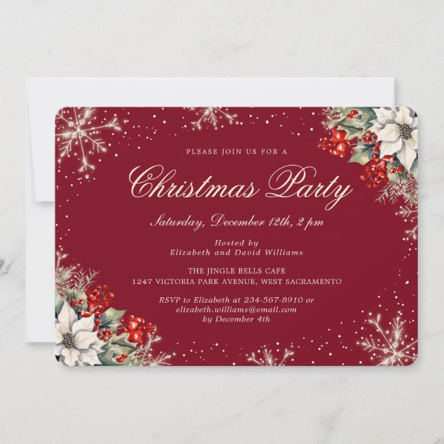 Invitación Copos de nieve botánicos rojos Fiesta de Navidad (Anverso)