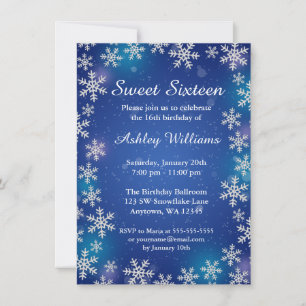 Invitación Copos de Nieve Brillantes Azul Dulces 16 Invitació
