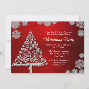 Invitación Copos de Nieve Brillantes y Árbol de Navidad Rojo 