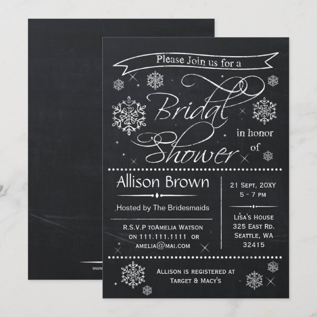 Invitación copos de nieve Chalkboard Ducha de novias Invitaci (Anverso / Reverso)