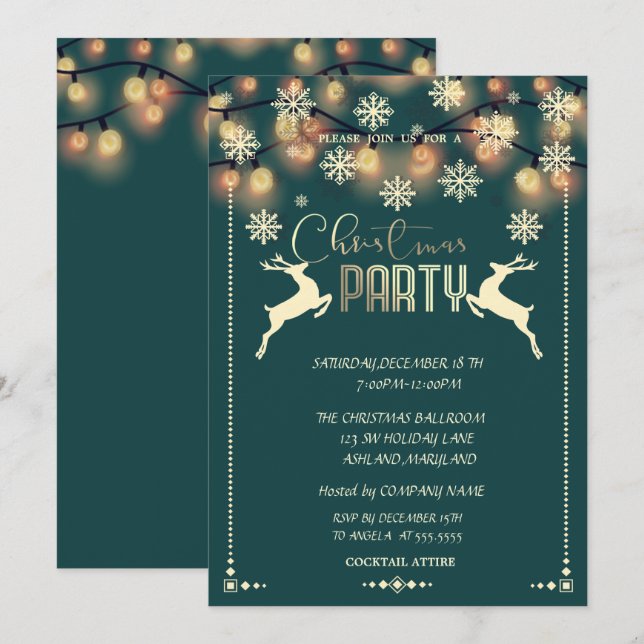 Invitación Copos de nieve, ciervos, fiesta de Navidad de la e (Anverso / Reverso)