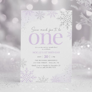Invitación Copos de nieve con purpurina morados para el 1er c