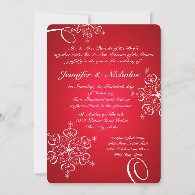 Invitación Copos de nieve de amor Boda de invierno roja 2 (Anverso)