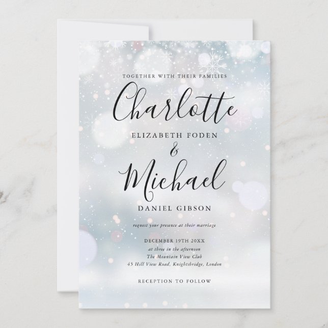 Invitación Copos de Nieve de Boda de Invierno con Guión de Fi (Anverso)