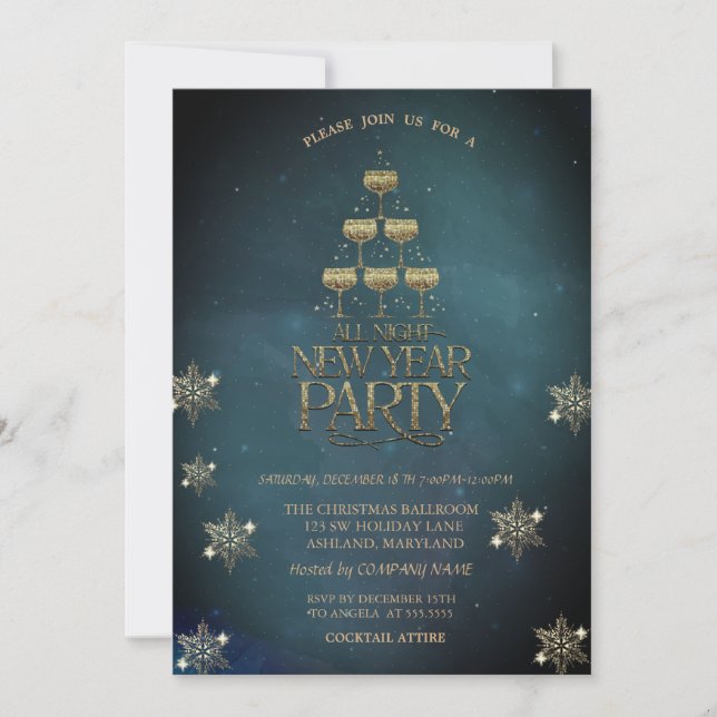Invitación Copos de Nieve de Copa de Champán Fiesta de Empres (Anverso)