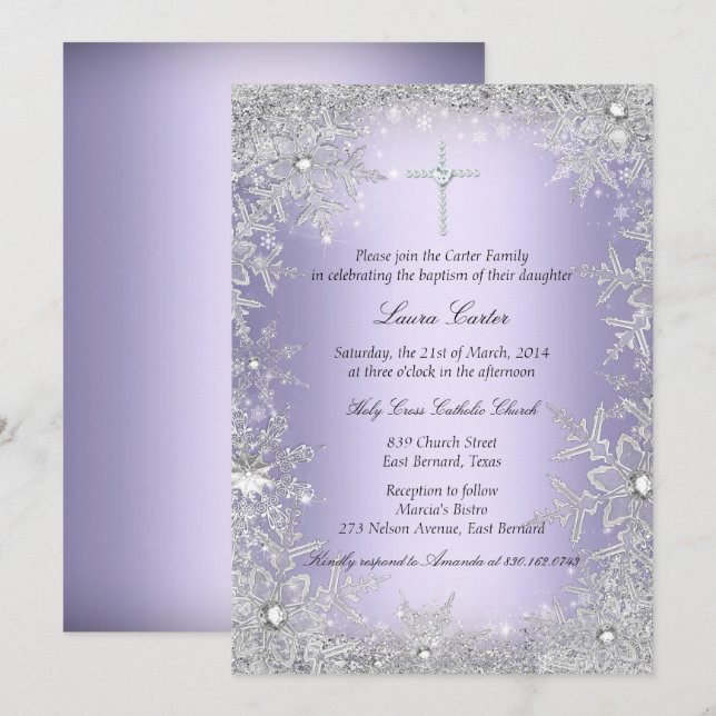 Invitación Copos de nieve de cristal morado Bautizo (Anverso / Reverso)