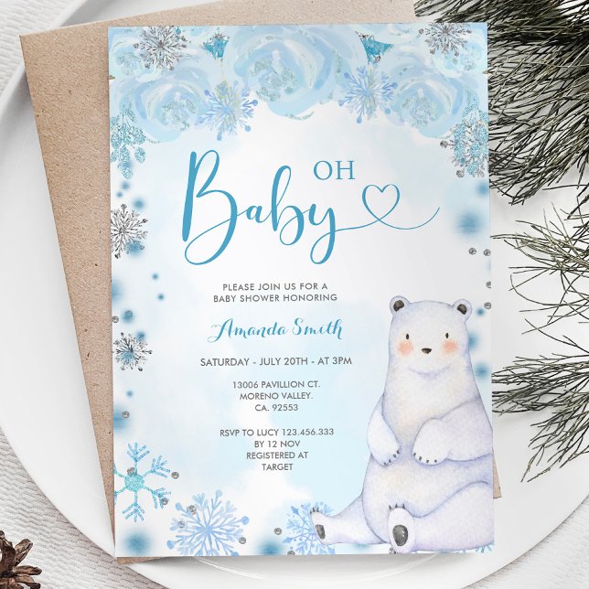Invitación Copos de nieve de invierno con flores azules Baby  (Subido por el creador)