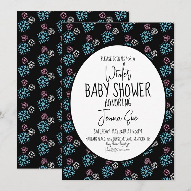 Invitación Copos de Nieve de Invierno Rosa Azul Shower de Beb (Anverso / Reverso)