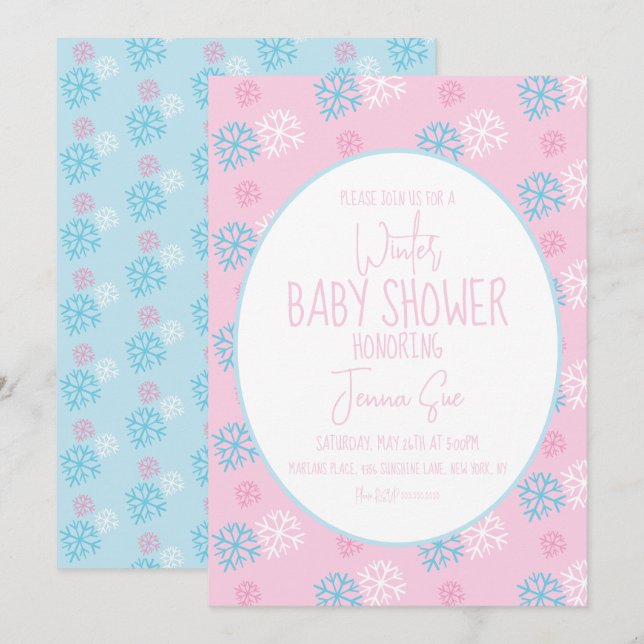 Invitación Copos de Nieve de Invierno Rosa Azul Shower de Beb (Anverso / Reverso)
