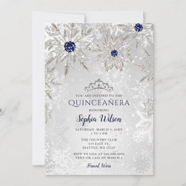 Invitación Copos de nieve de la marina de plata Tiara Quincea (Anverso)
