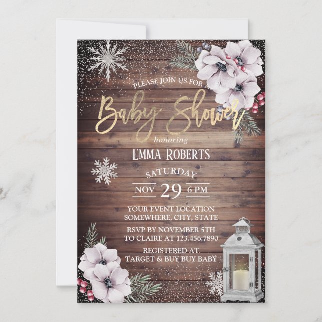 Invitación Copos de nieve de linterna rústica de Baby Shower  (Anverso)