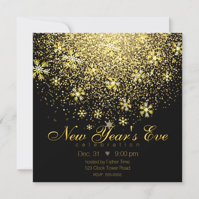 Invitación Copos de nieve de oro al Fiesta de Nochevieja Negr (Anverso)