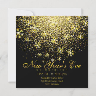 Invitación Copos de nieve de oro al Fiesta de Nochevieja Negr
