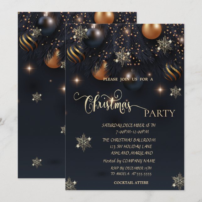 Invitación Copos de Nieve de Oro, Bolas de Navidad (Anverso / Reverso)