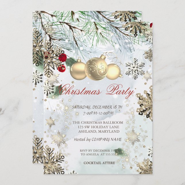 Invitación Copos de nieve de oro, bolas de Navidad para bifur (Anverso / Reverso)